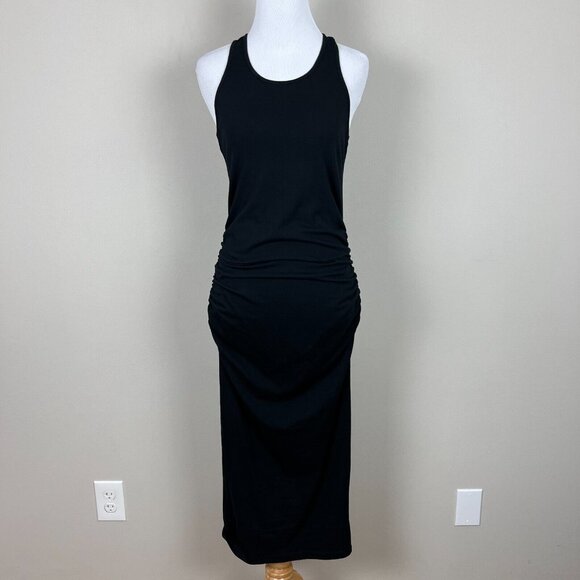 Michael Stars Racerback Midi Dress Womens Medium Black Shirred Bodycon 9579 M - Picture 1 of 14